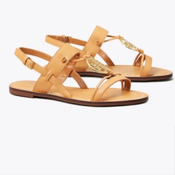 ONLY TRIED ON Tory Burch Two Band Miller Sandals Gold Logo Sling back - Picture 2 of 16